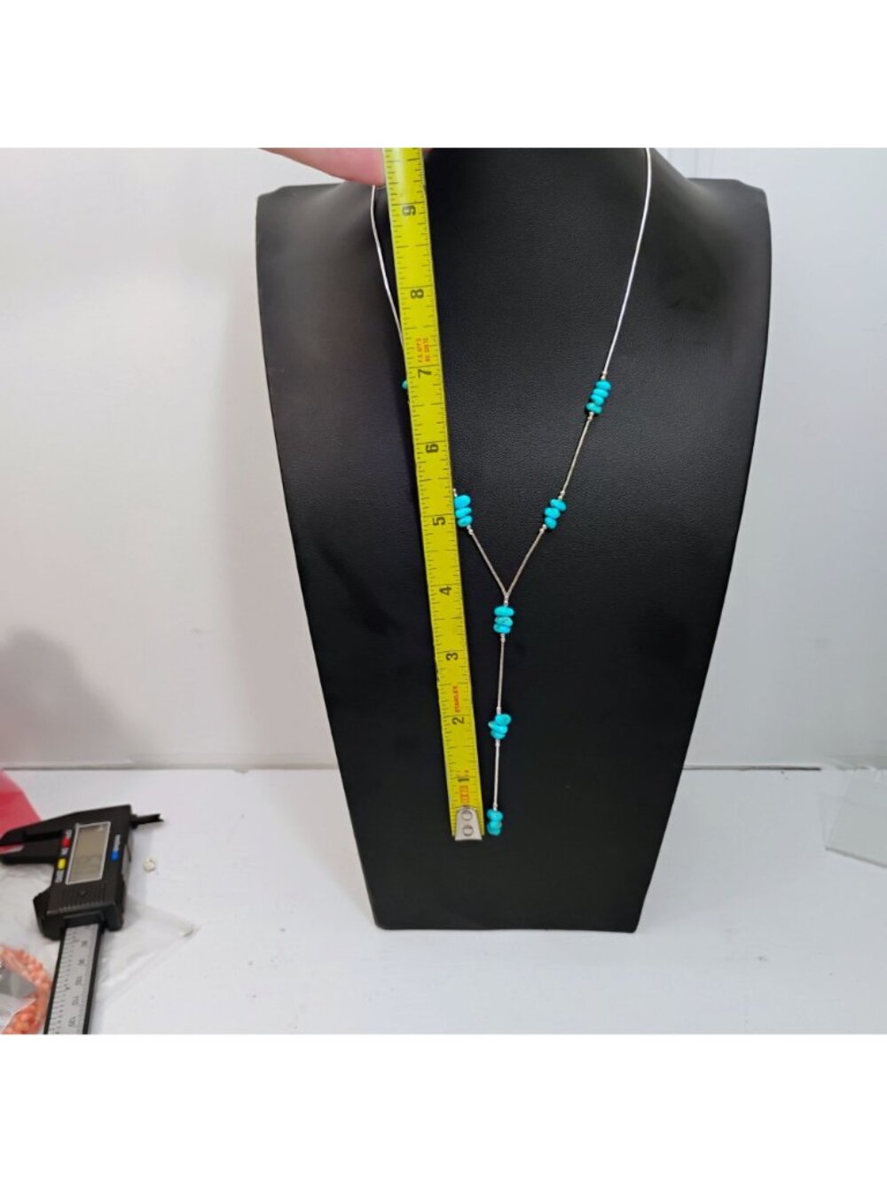 Liquid Sterling Silver & Kingman Turquoise Bead Lariat Necklace - Picture 3 of 7